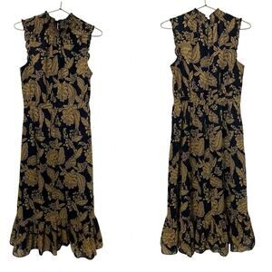 J Crew Floral Tiered Smocked High Neck Midi Dress Size 4 Navy Flowy Preppy Event